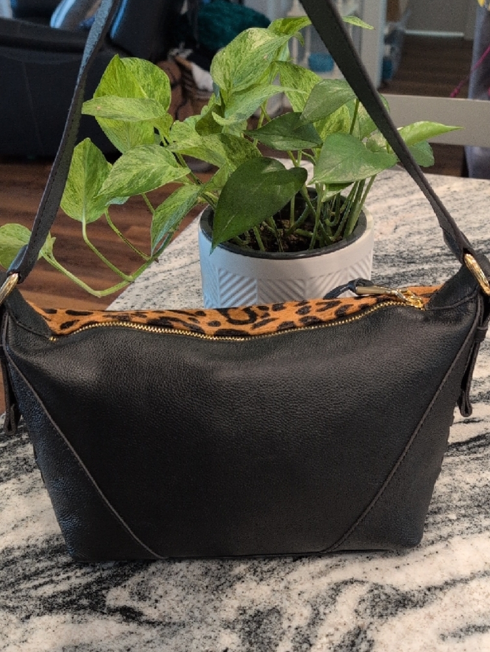 Aimee Riley Leopard Calf Hair And Black Leather Hobo Shoulder Bag - Picture 7 of 7